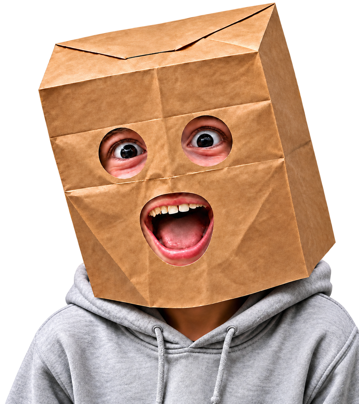 Z67 mascot with a paper bag head and gray hoodie